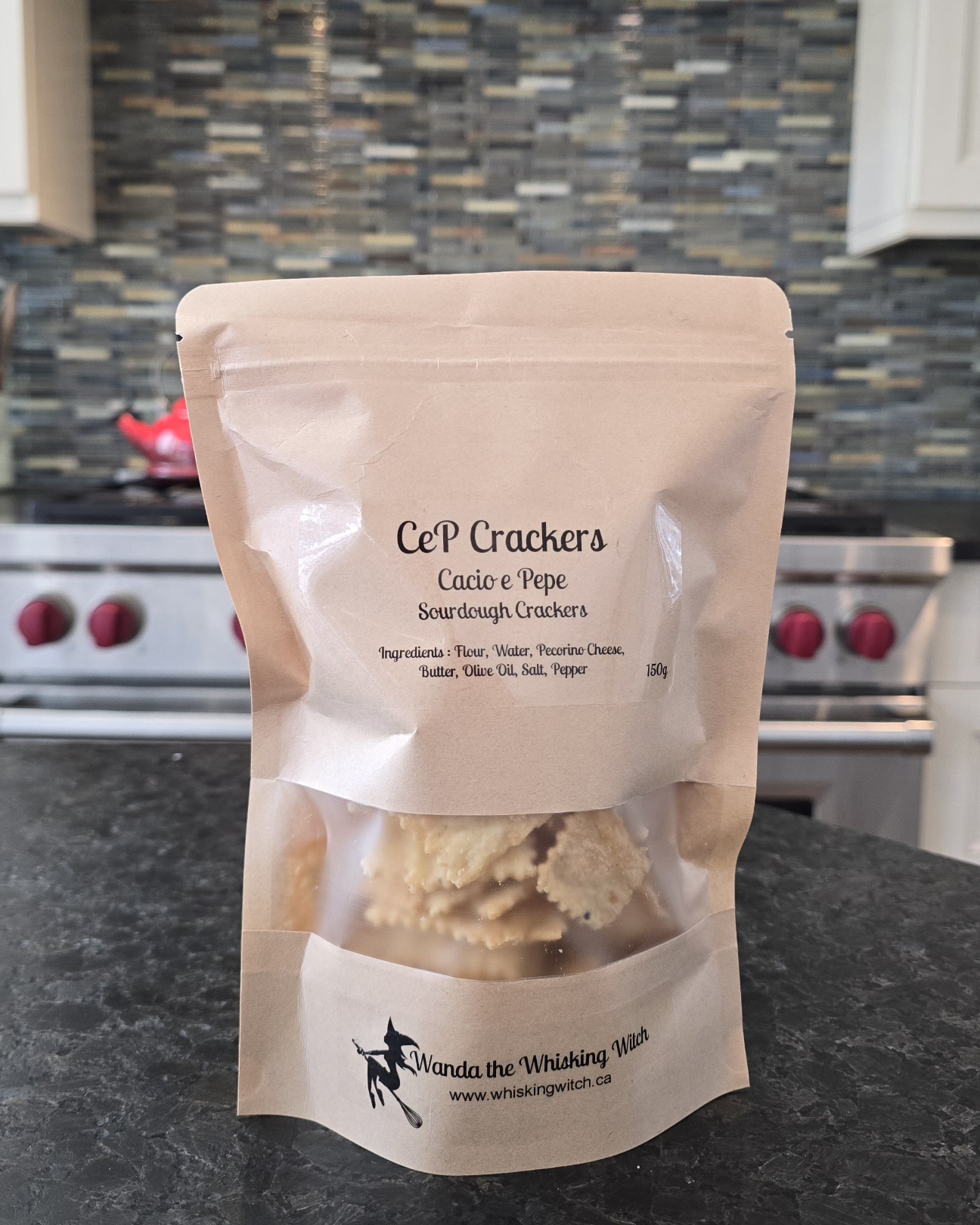 A bag of Cacio e Pepe sourdough crackers