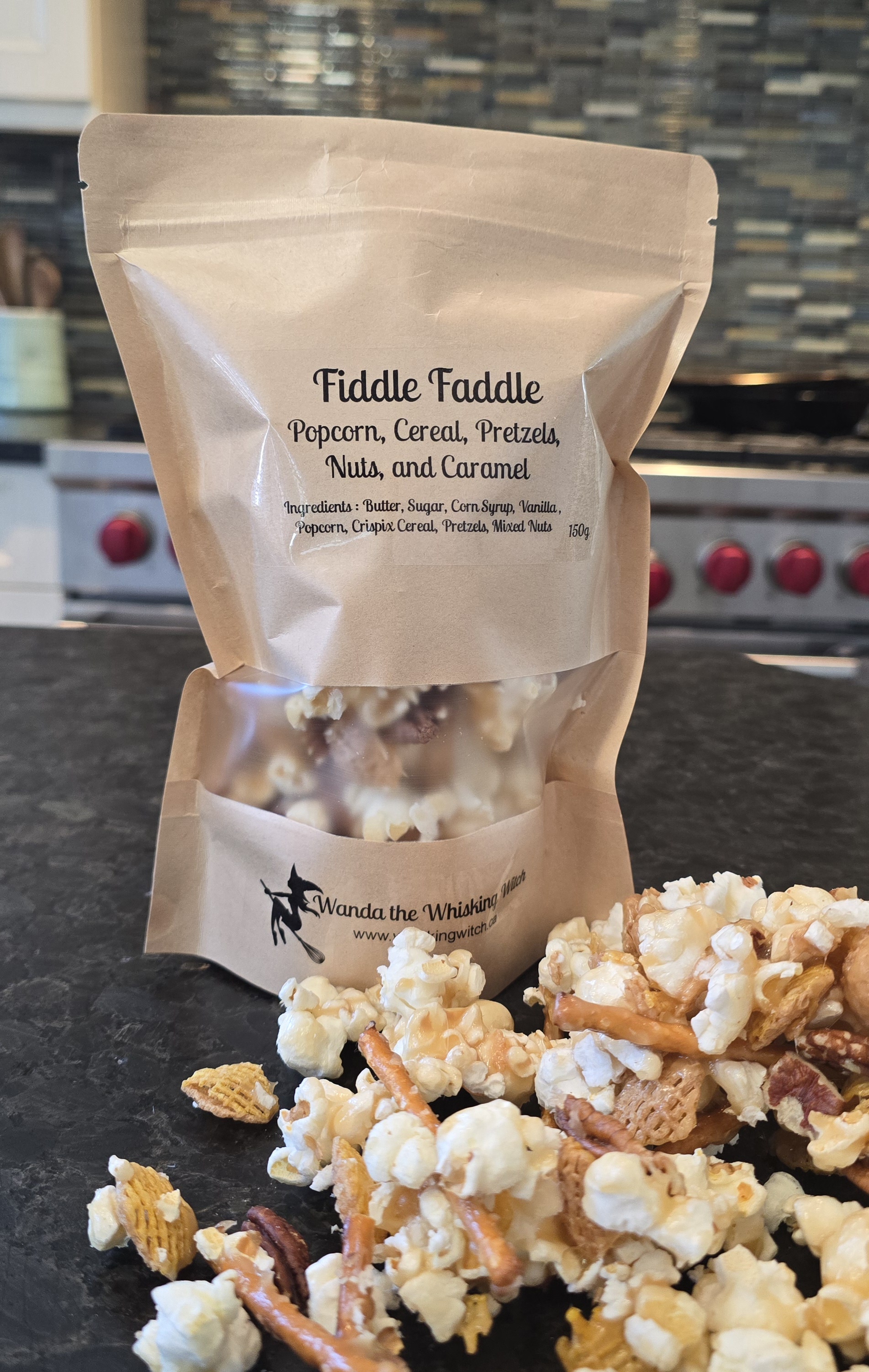 Caramel popcorn with cereal, pretzels and nuts
