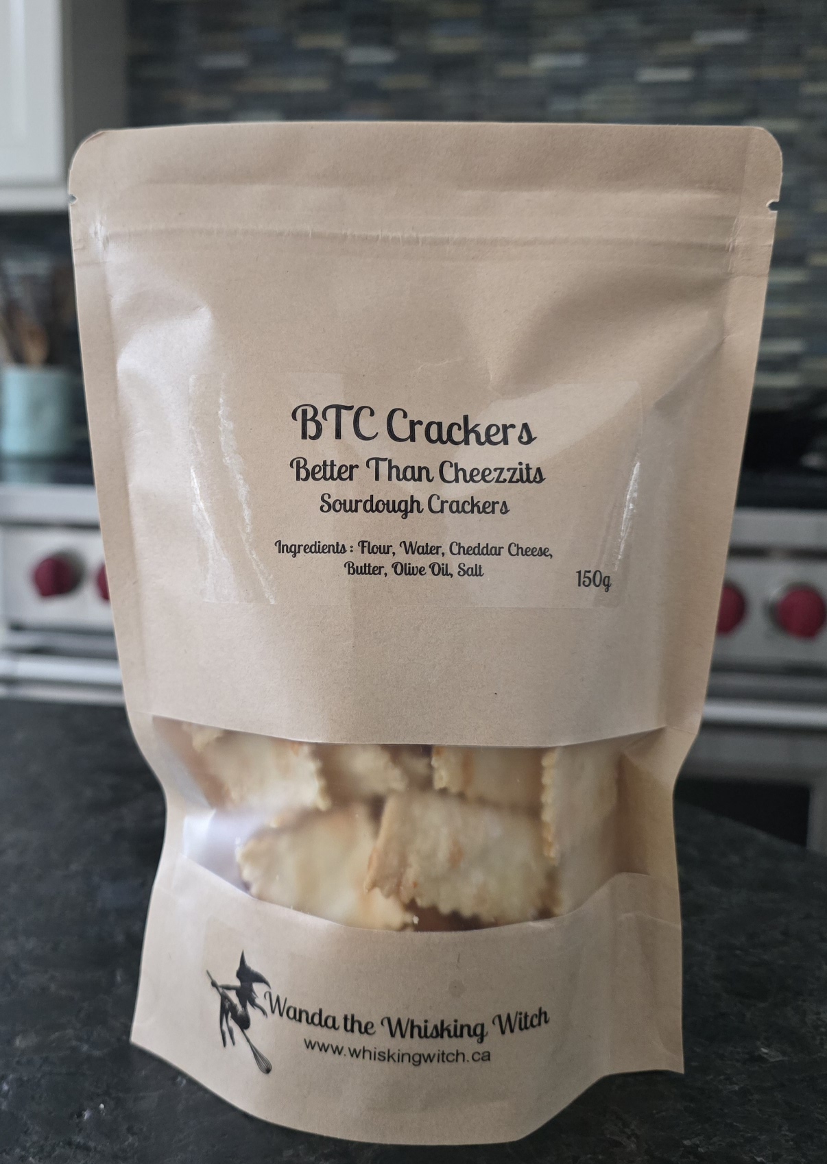 A bag of BTC Cheddar sourdough crackers