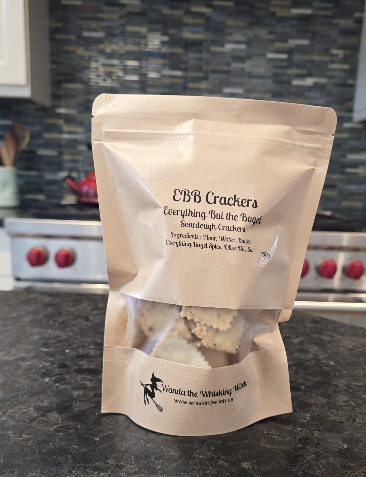 A bag of EBB Everything Bagel sourdough crackers