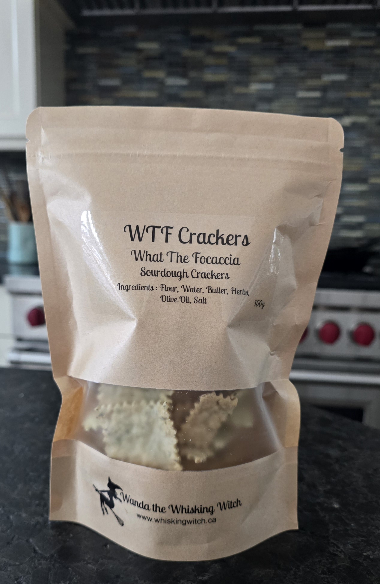A bag of WTF Focaccia sourdough crackers