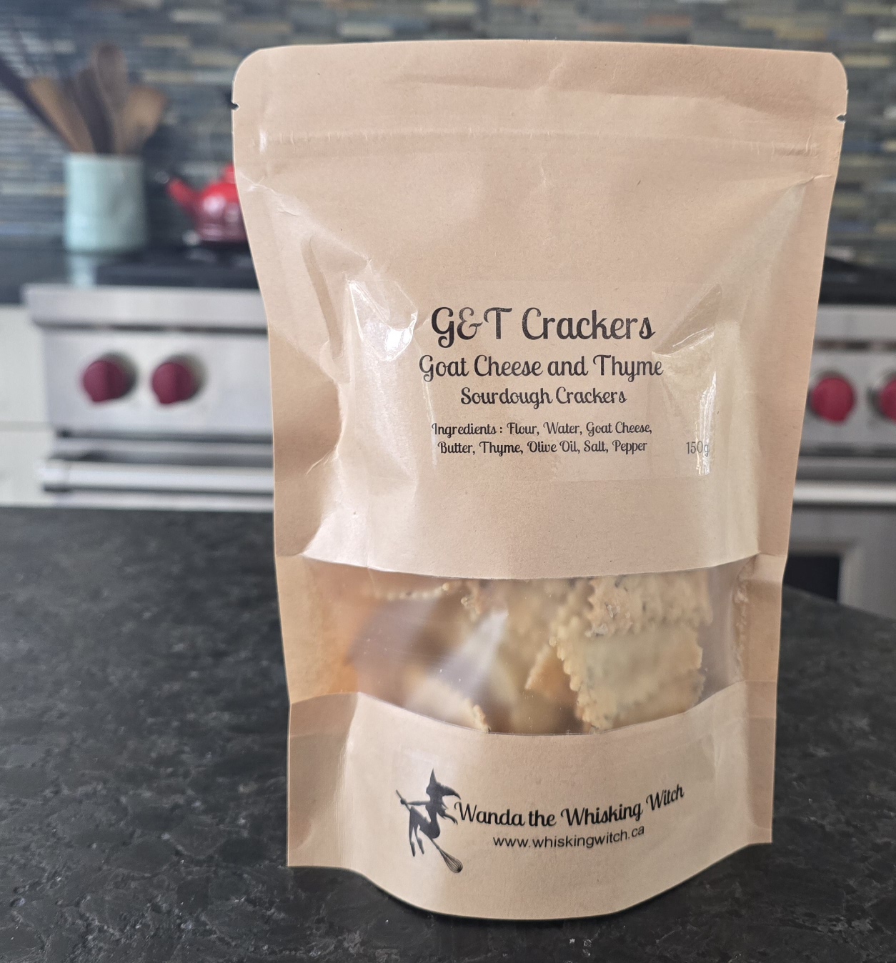 A bag of goat cheese and thyme sourdough crackers