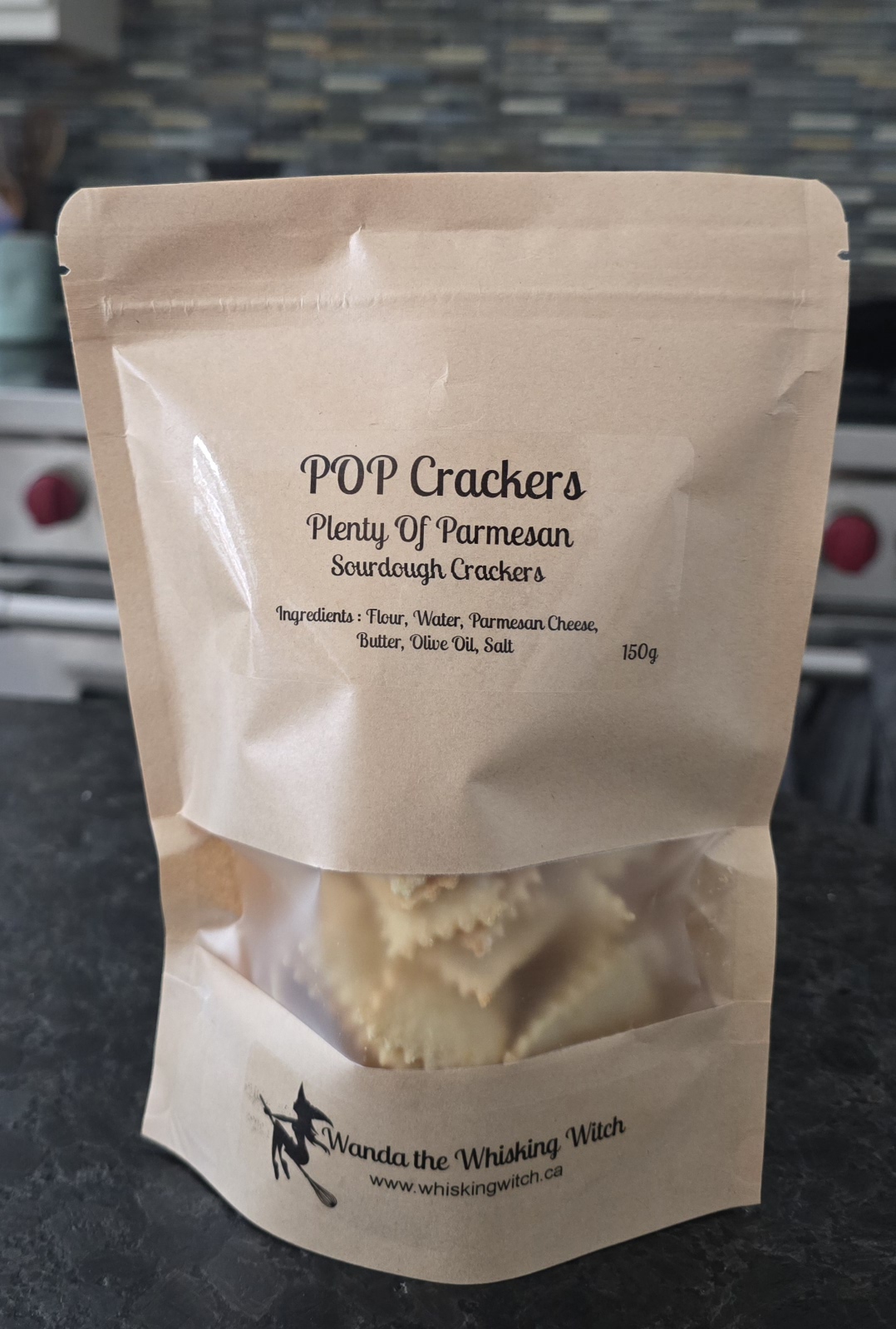 A bag of POP Parmesan sourdough crackers