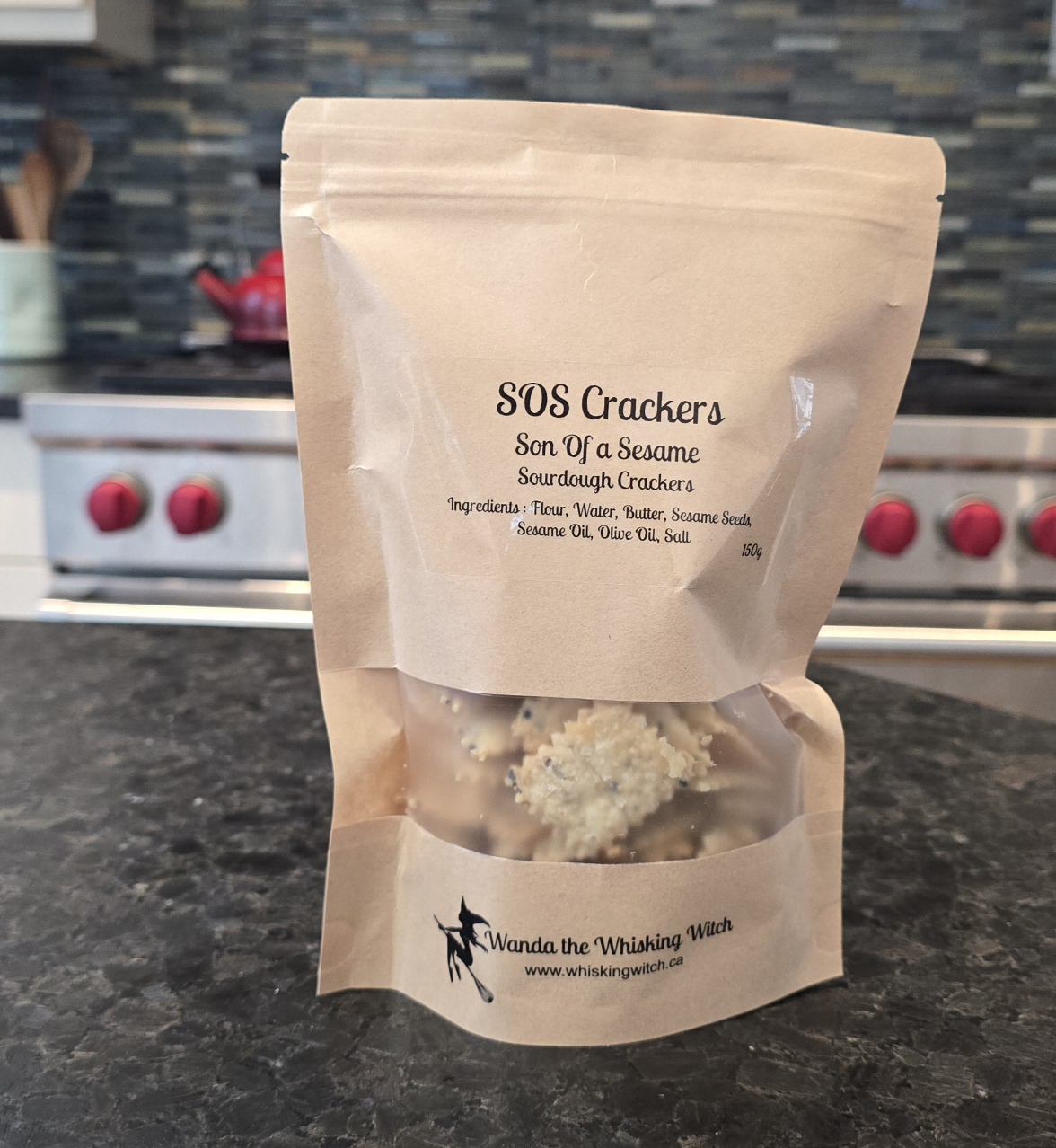A bag of SOS Sesame sourdough crackers