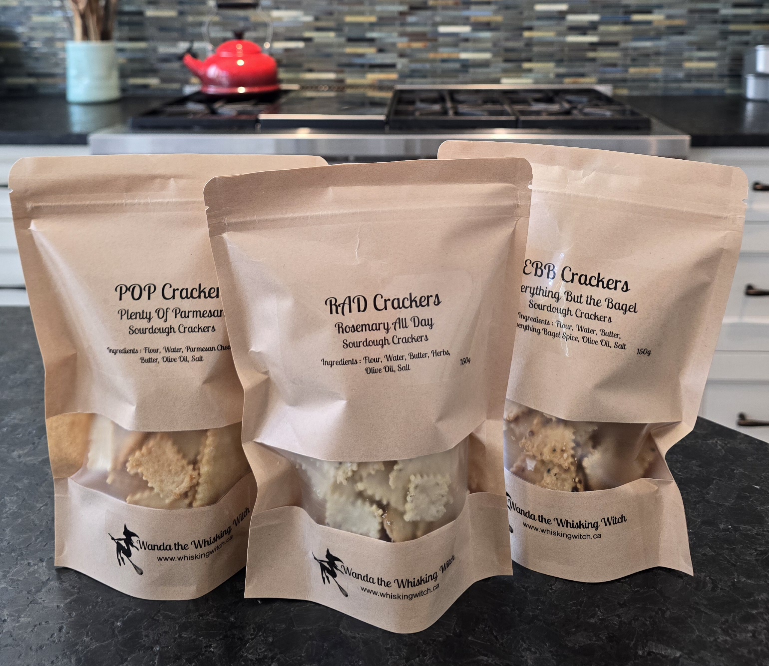 Three large bags of Wanda's sourdough crackers