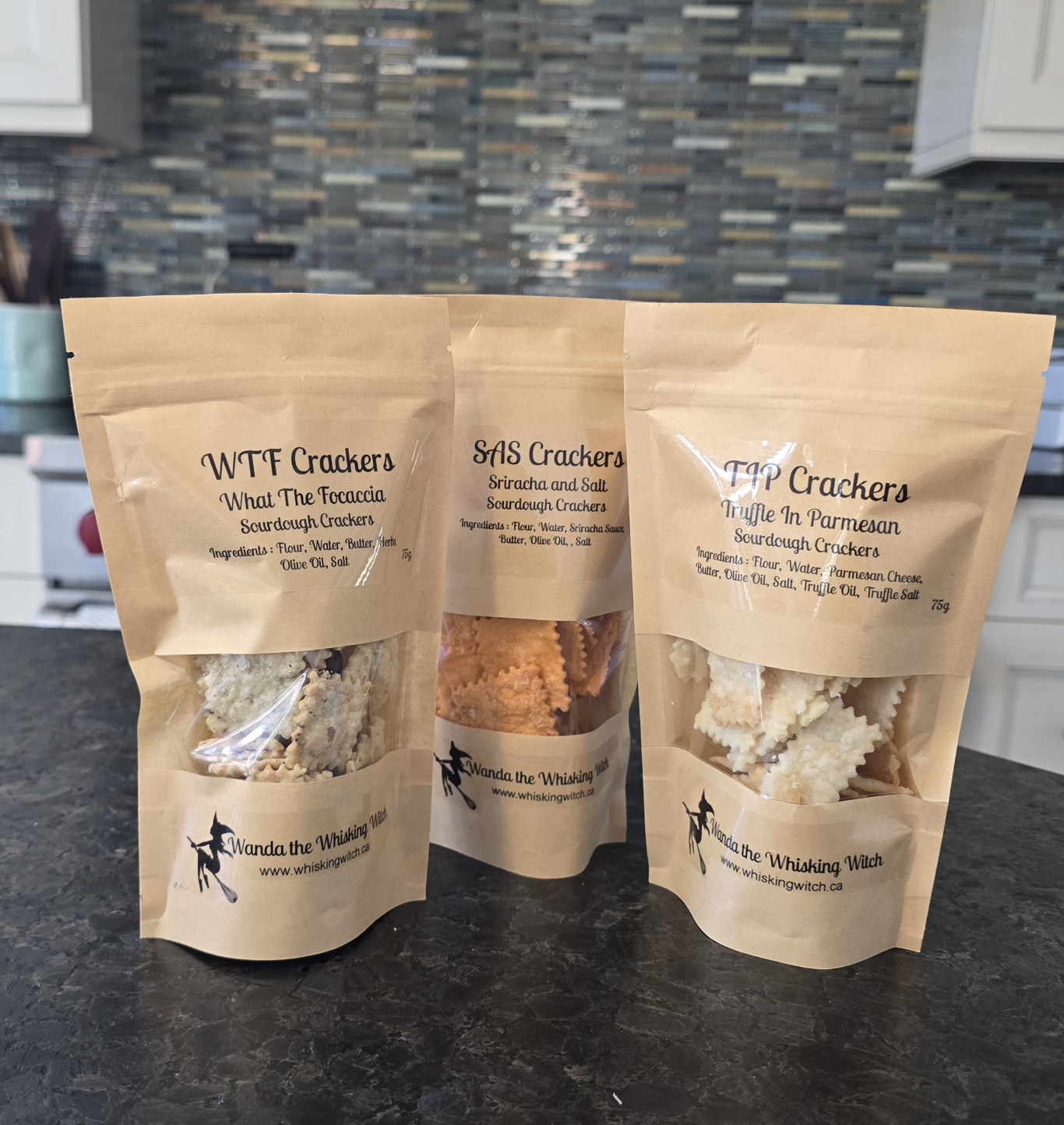 A selection of Wanda's sourdough cracker bags